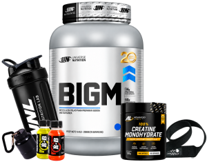 bigm 2kg + creatina advanced labs 150g + shaker o straps o portatrote + 1 x b