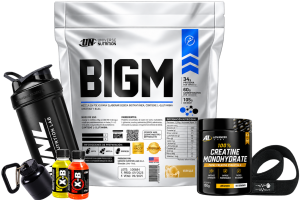 bigm 3kg + creatina advanced labs 150g + shaker o straps o portaprote+ 1 x b