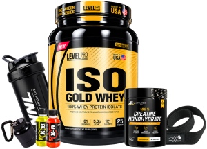 iso gold 5.5 lb + creatina advanced labs 150g + shaker o straps o portaprote + 1 xb