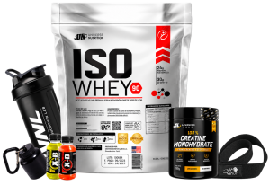 iso whey 5kg + creatina advanced labs 150g + shaker o straps o portaprote + 1 x b