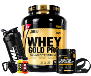 whey gold pro 5.5 lb + creatina advanced labs 150g + shaker o straps o portaprote + 1 xb